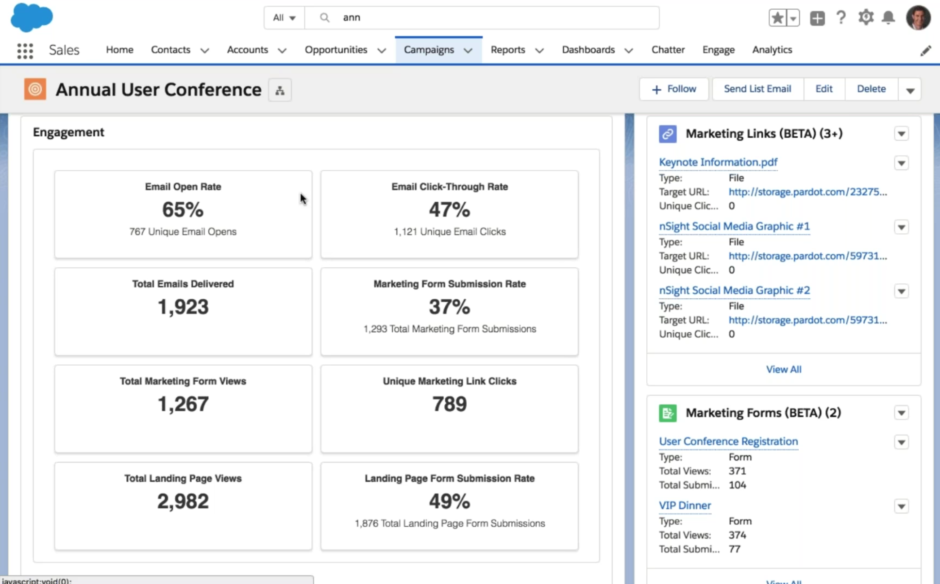 Pardot Lightning App what campaigns look like