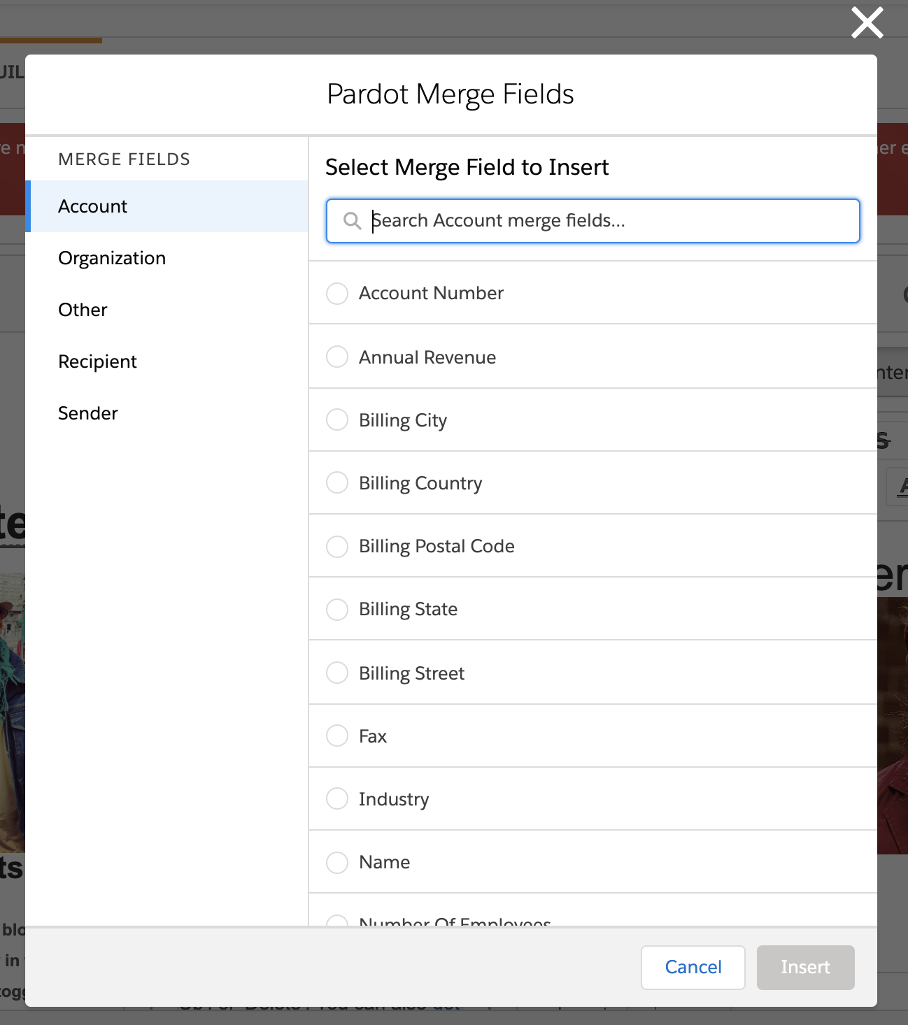 A search box helps you find merge fields faster